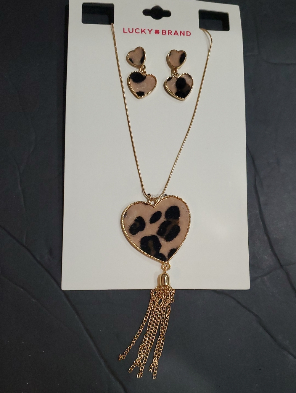 Lucky Brand heart shaped calf hair dangle earring & fringe pendant necklace set - Picture 7 of 8